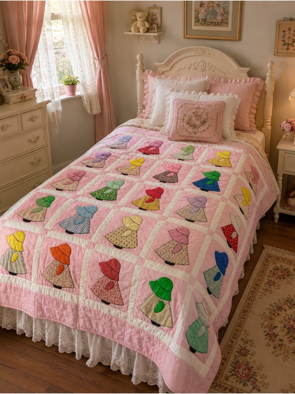 Pink Sunbonnet Patchwork Quilt Bedspread